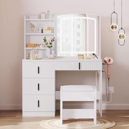 YITAHOME Fluted Vanity Desk with Mirror and Light, Big Vanity Set with Power Outlet, Hidden Jewelry Storage, Makeup Desk with 4 Drawers, Dressing Table with Soft Stool, 3 Lighting Color Modes, White thumbnail 3