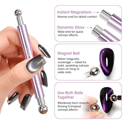 Gellen Cat Eye Magnet, Double-Ended Nail Magnet Tool Kit for Gel Polish | Complete Set with Dual Magnet Pen, Ball Magnets & Guide Plates to Create 3D Cat Eye Effects for DIY or Salon Nail Art. thumbnail 3