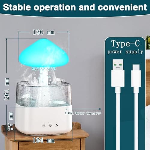 Cloud Humidifiers Rain Water Drip 450ML Mushroom Humidifiers with Remote Control 7 Colors Mood Light Air Humidifier Raindrop Humidifiers for Bedroom thumbnail 2