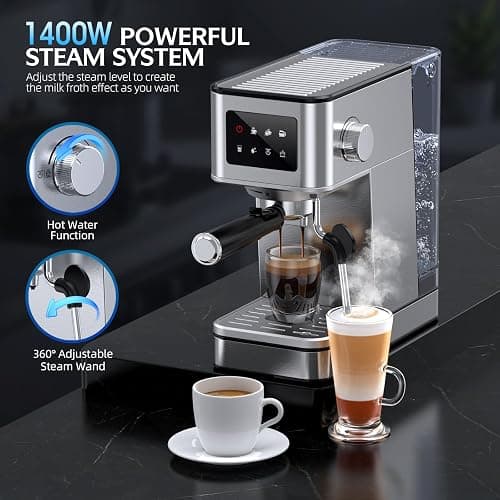 QJA Espresso Machine 20 Bar, Compact Espresso Maker with Milk Frother & Touchscreen for Home, Stainless Steel Coffee Machine with 57.5oz Removable Water Tank for Cappuccino, Latte, Silver thumbnail 5