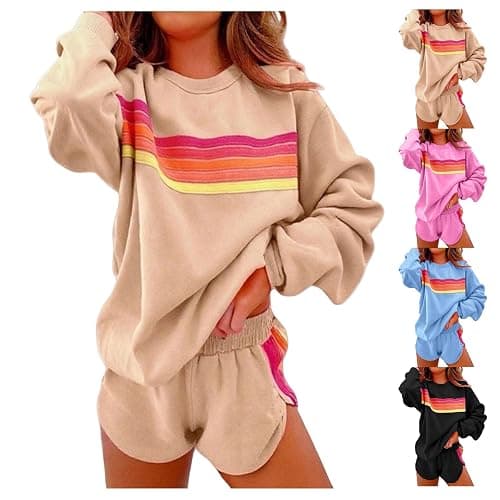 2 Piece Lounge Sets for Women Summer Rainbow Striped Tops Casual Shorts Color Blocked Suit Sweatshirts Set thumbnail 4