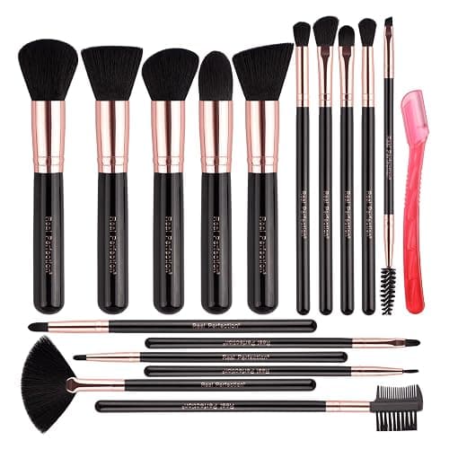Real Perfection Makeup Brush Set 16 Pcs with 1 Eyebrow Razor Premium Synthetic Foundation Powder Concealers Eyeshadow Blush Makeup Brushes Make up Brushes Kit (Black) - Image 1