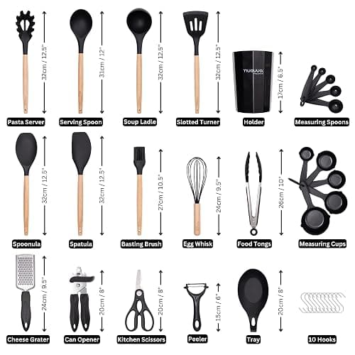 Kitchen Non Stick Cooking Utensils Set – Heat Resistant Silicone Utensils with Wooden Handle – Ladles, Spoons and Spatulas Set – Kitchen Tools & Accessories – 35pcs, Black – by Nuovva - Black thumbnail 4