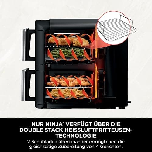 Ninja Double Stack Heißluftfritteuse, 7,6L Digitale Air fryer Doppelkorb mit 4 Kochstufen, 2 Schubladen, 2 Gestelle, platzsparendes Design, 6 Kochfunktionen, 6 Portionen, Schwarz SL300EU thumbnail 2