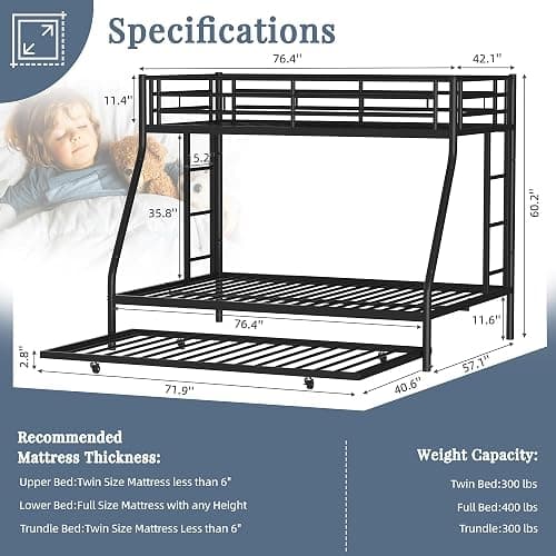 Shintenchi Twin Over Full Size Bunk Bed with Trundle, Heavy-Duty Metal Frame, 2 Ladders & Full-Length Guardrail, Space-Saving Sleep Solution for Kids/Teens/Adults, Black thumbnail 2