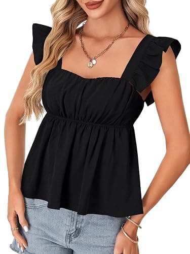Rooscier Women's Square Neck Ruffle Cap Sleeve Ruched Peplum Babydoll Blouse Tank Tops thumbnail 4