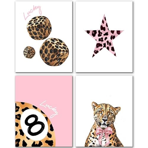 JINYO Coquette Pink Leopard Print Bow Lucky 8 Ball Dice Star Wall Art Prints Set of 4, Funky Y2K Pink Leopard Aesthetic Wall Decor Posters Pictures for Home Girls Room Apartment, 8x10 Unframed - Image 1