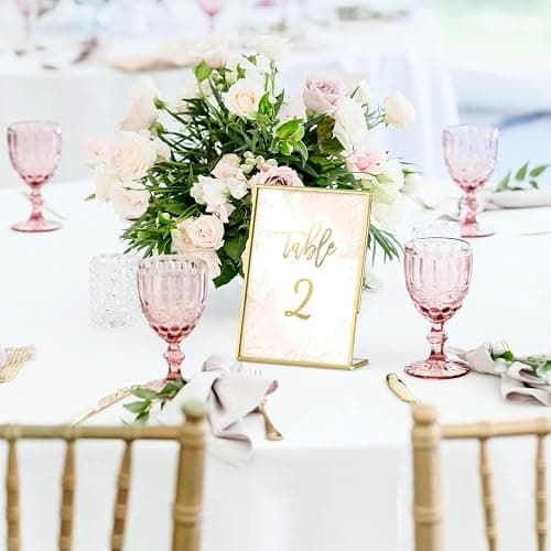 NIUBEE 6 Pack 4 x 6 Acrylic Gold Frame, Slanted Back Table Sign Holder for Wedding Table Numbers, Restaurant Signs | Slant Back, Gold Trim, Display Table Numbers, Photos Signable, For Wedding, Party, Event, Restaurant thumbnail 2