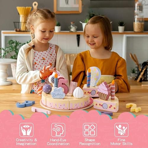 ZRUNBO Wooden Birthday Party Cake Toys,Wooden Play Food Set Toys for Kid | Kitchen Accessories Pretend Play Toy Educational Toys Gift For Birthdays&Christmas thumbnail 3