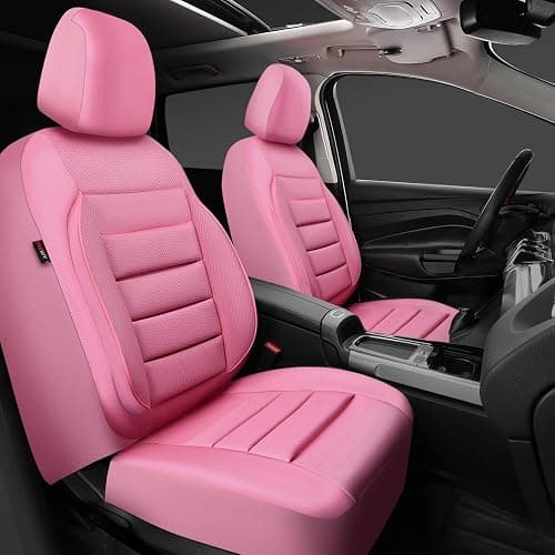 CAR PASS Pink Leather Seat Covers Full Set Universal Water Resistant 3D Foam Back Support, Luxury Comfort Automotive 5 Seat Covers All Season Fit SUV,Sedan,Van, Airbag Compatible Elegance Pink thumbnail 2