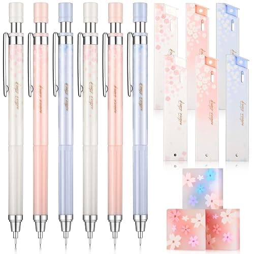 15 Pcs 0.5 mm Mechanical Pencil Set Include 6 Pcs Japanese Cute Pencils with 6 Tubes Pencil Refill and 3 Cute Cherry Erasers for Sketching Architecture Drawing - Image 1