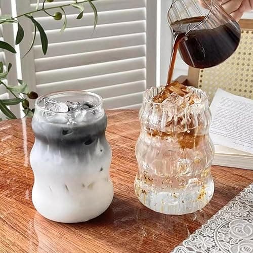 2 Pcs Ribbed Glass Cups, 18 Oz Vintage Drinking Glassware with Wave Shape Design, Bubble Cups for Iced Coffee, Juice, Beverage, Milk, Cocktails, Bubble Tea, and More thumbnail 7