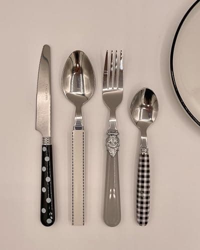 The Original Brink House Eclectic Black & White Mix & Match Stainless Steel Cutlery Set / 16 pieces with Metal Stand/Lifestyle utensils set for home, first apartment, dorm, dinner parties thumbnail 6