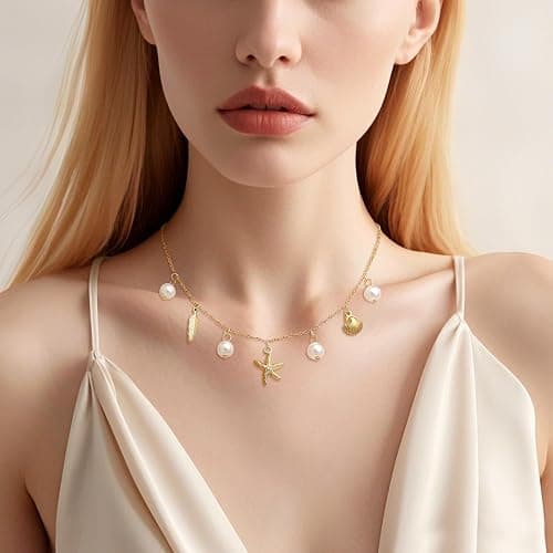 RIXERKOC Collier de Charme en Or pour Femme, Délicat Pendentif Etoile de Mer en Perle, collier joli coquillage en or 14k, collier ras de cou à breloques boho, bijoux d'été plage surfeur - B thumbnail 2