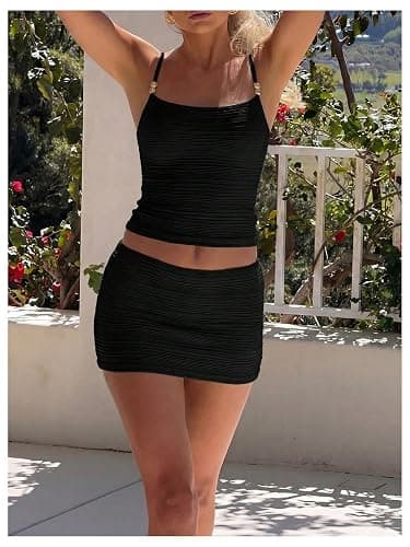 Verdusa Women's 2 Piece Skirt Sets Beaded Crop Cami Tops with Low Rise Mini Skirt thumbnail 5
