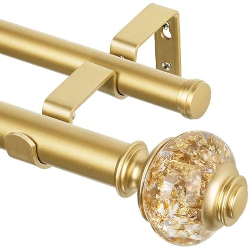 1 Inch Gold Double Curtain Rods 36 to 72 Inches (3 to 6 ft), USFOOK Drapery Rods for Windows, Telescoping Dual Curtain Rod with Luxury Translucent Finials - Image 1