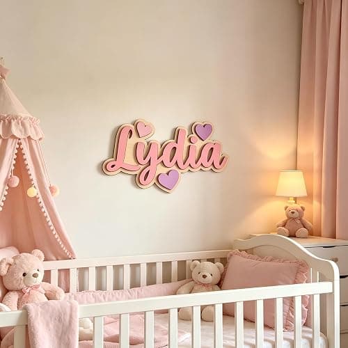 Customized Name Sign for Kids Room, Personalized Kids Name Signs for Bedroom Wall, Wooden Nursery Wall Decor for Girls, Custom Baby Name Plaque, Pink Room Decoration11.81 x 7.87 in thumbnail 2