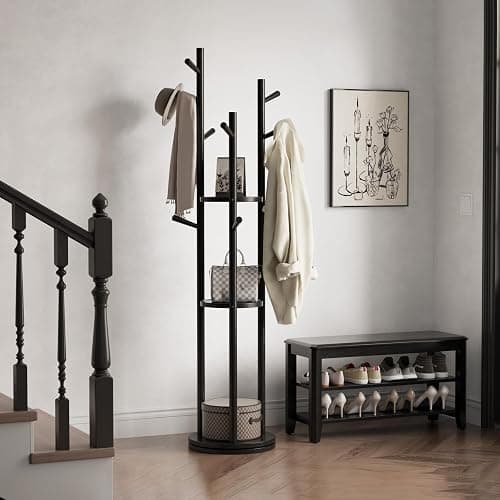 Muwuele Solid Wood Rotary Coat Rack, Freestanding Coat Rack with 3 Shelves and 9 Hooks, Coat tree for Bedroom, Entryway, Livingroom, Coat Hanger Stand for Coats, Scarves, Handbags (Black) thumbnail 8