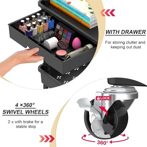Goovilla 4 Tier Rolling Utility Cart Organizer with Removable Drawer, Stable and Sturdy Black Rolling Storage Carts with 2 Lockable Wheels for Bathroom, Kitchen, Snack, Craft, Makeup, Baby Essentials thumbnail 3