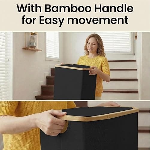 efluky Slim Laundry Basket with Lid, Narrow Laundry Hamper with Removable Bag, Skinny Dirty Clothes Basket with Bamboo Handles for Bathroom, Bedroom & Laundry Room, 75L Black thumbnail 8