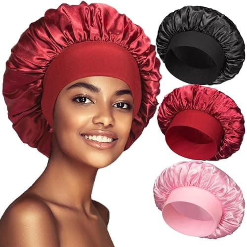 3 Pack Satin Bonnet Silk Hair Bonnet for Sleeping, Sleep Bonnets for Women Large Wide Soft Band Sleep Cap for Curly Hair Braids - Image 1