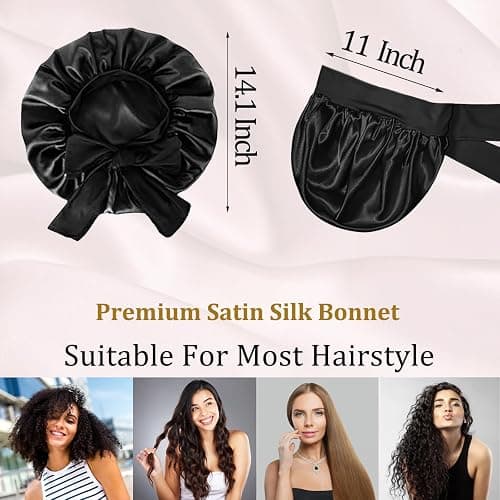 2PCS Silk Bonnet for Women, Satin Bonnet for Sleeping, Large Sleep Cap with Elastic Tie Band for Curly Hair (Bean Paste Pink+Black) thumbnail 2