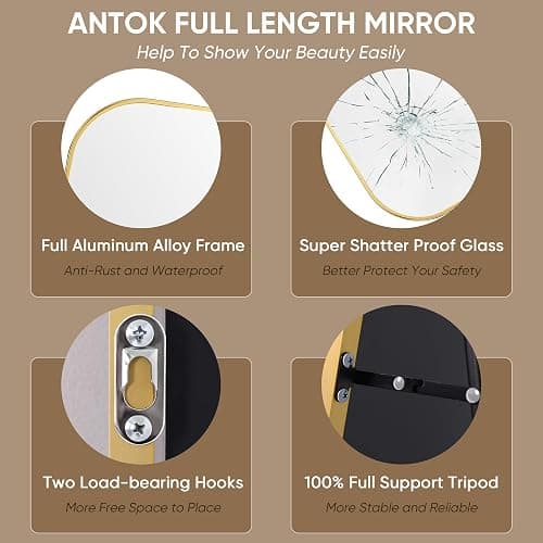 Antok Full Length Mirror, 59"x22" Floor Mirror Freestanding, Arched Floor Standing Large Mirror Full Body Mirrors with Stand for Bedroom, Hanging Mounted Mirrors for Living Room, Gold thumbnail 6