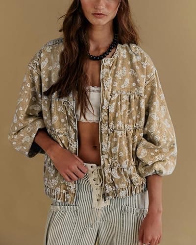 chouyatou Women 2025 Fall Paisley Floral Print Denim Jacket Zip Up Oversized Y2K Trendy Bomber Jean Jacket thumbnail 2