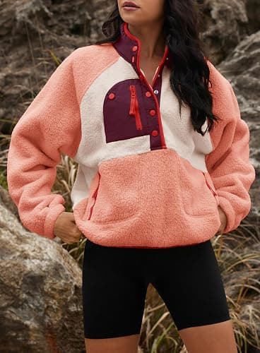 Yanekop Womens Fuzzy Fleece Pullover Sherpa Sweatshirt Long Sleeve Button Down Sweater Winter Fleece Jacket with Pockets thumbnail 5