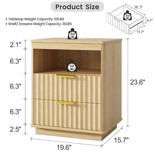 Dystler Nightstand with LED Light and Charging Station for Bedroom, Wood | 2 Drawers, Open storage space, Smart Bedside Table, Human Sensor, Modern thumbnail 2