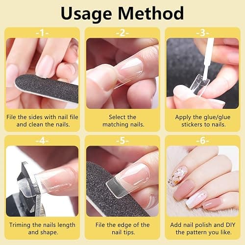 Yokilly 1000PCS Square Nail Tips and Glue, Clear Natural False Acrylic Nail Tips, Half Cover 10 Sizes French Artificial Nail Tips Manicure with Nail Clipper, Nail Files and Glue for Dip Powder Nail Salon, Home DIY thumbnail 7