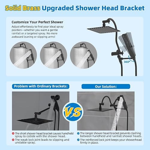 Hibbent All Metal cUPC Certified Shower Head, 10'' High Pressure Rainfall Showerhead Combo, Handheld Shower Wand, 12'' Adjustable Extension Arm, 4-Spray, 71'' Hose, Brass Shower Holder, Matte Black thumbnail 4