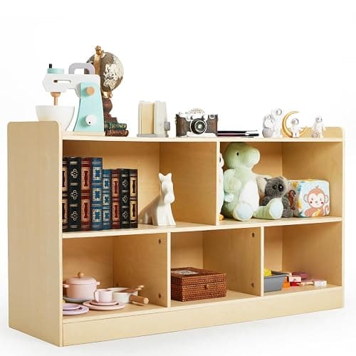 PTINFLUCE Montessori Shelf, Wooden Toy Storage Organizer for Books Toys, 2 Shelf Bookcase, 5-Section Storage Cabinet, Toddler Book Shelf for Kids Rooms, Playroom, Nursery, Kindergarten (Natural) thumbnail 7