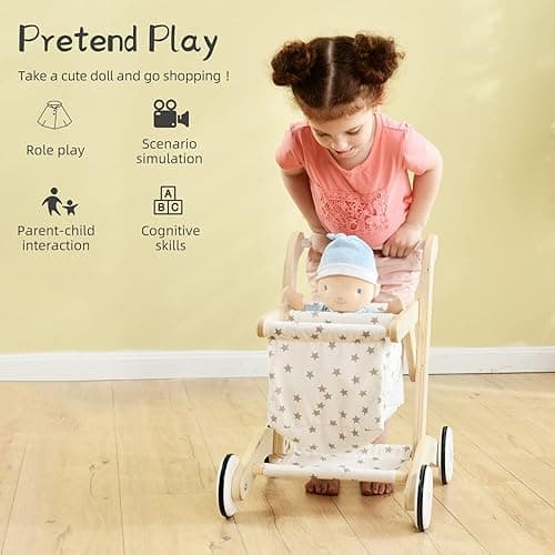 labebe Baby Push Walker Doll Stroller, Push Toy for Toddler, Shopping Cart for Girls and Boys 1 Years Old, Kids Stand Learning Walker, Wooden Play Wagon with Wheel, Larger Size 15.2 * 18.7 * 19.7 thumbnail 4