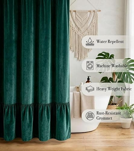 MAMUSE Ruffle Shower Curtain for Bathroom - Cute Aesthetic Decorative Modern Girly Unique Girls Design Pretty Women Waterproof Velvet Cortinas de Baño Bathtub 72 x 72 Inch, Dark Green thumbnail 3