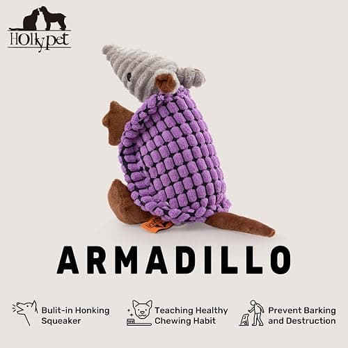 Hollypet Plush Dog Squeaky Toy Stuffed Armadillo Animal Pet Puppy Chew Toys with Clean Teeth for Small Medium Large All Breed Sizes Dogs, Purple, 8 in thumbnail 4