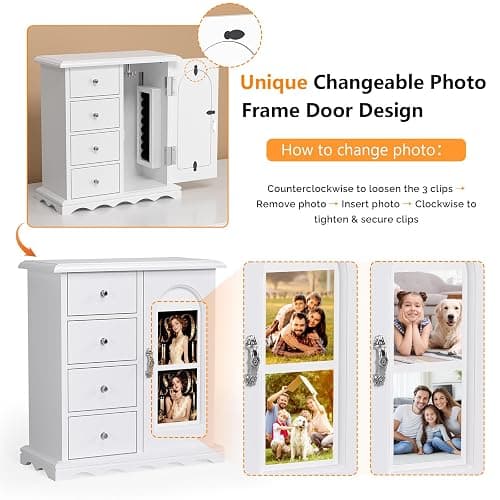 VINGLI Jewelry Box with Photo Frame, White Jewelry Organizer for Women, Arched Wooden Keepsake Case with 4 Drawers, Rotating Necklace Hooks & Velvet Lining, Vintage Gift for Girls Bedroom thumbnail 7