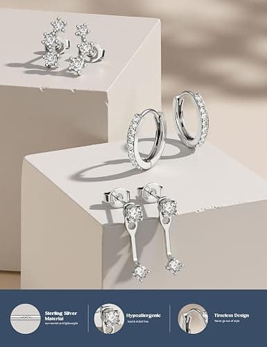 FIASASO 3 Pairs 925 Sterling Silver Hypoallergenic Earrings for Women Trendy - 14K Gold Plated Stud Hoop Cartilage Earrings Set Small Earring Stacks for Sensitive Ears Non Tarnish Dainty Silver Earring thumbnail 4