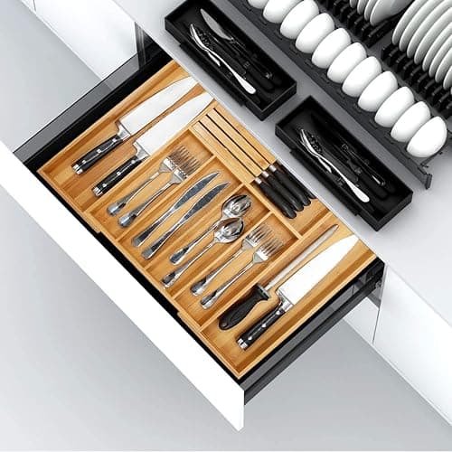 VaeFae Bamboo Silverware Drawer Organizer Kitchen, Expandable Utensil Organizer with Knife Block, Cutlery Tray with Divider, Multifunctional Drawer Organizer thumbnail 6