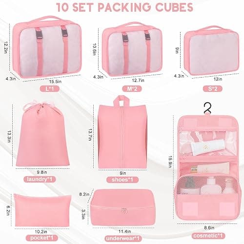 10 Set Packing Cubes for Travel, Travel Organizer with Hanging Toiletry Bag and Shoe Bag, Luggage Organizer Bags for Travel Essentials Women Men thumbnail 2
