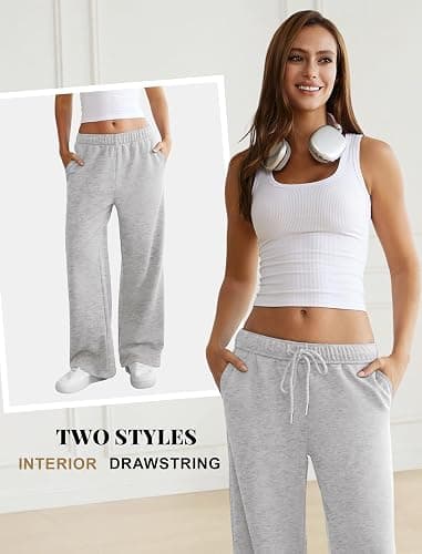 DLOODA Womens Wide Leg Sweatpants Interior Drawstring Baggy Sweat Pants with Pockets Elastic Waisted Lounge Casual Trousers thumbnail 4