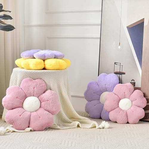 Ddliury Flower Pillow, Flower Shaped Pillow Decorative Throw Pillows for Bed Couch, Cute Daisy Pillow Dorm Decor Floor Seating Cushion (Grey Pink, 15 Inches) thumbnail 4