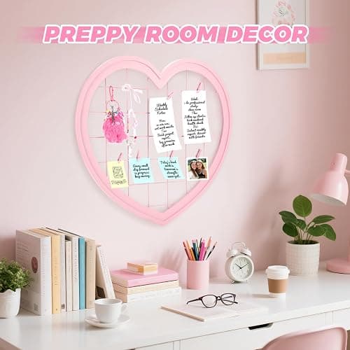Jazcimdo Pink Preppy Coquette Room Decor, Heart Shape Wire Wall Grid Panel for Photo Display Board and Wall Storage Organizer, Wall Decor for Teen Girls and Women Home Bedroom Living Room and Dorm thumbnail 4