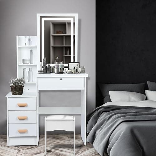 Dressing Table,LED Lights with Adjustable Brightness,Vanity Table with Mirror,4 Drawers,6 Storage Shelves,Makeup Table with Mirror and Stool,Dressing Table with Lighted Mirror,Modern Bedroom Dresser thumbnail 6