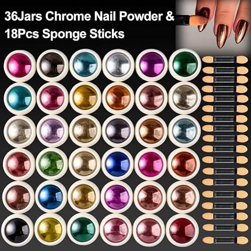 36 Jars Chrome Nail Powder Kit, Metallic Mirror Chrome Powder | Pigment for Gel Nails, Holographic Mirror Glitter Rub Dust Set for Nail Art Decoration Home DIY Salon Use thumbnail 2