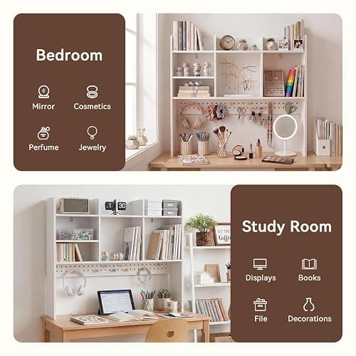 OOOK White Desk Hutch, Dorm Organizers and Storage, 3-Tier Desktop Bookshelf, Wooden Computer Desk with Hutch, Desk Hutch with Pegboard and Accessories Included for Office Dorm Home thumbnail 5