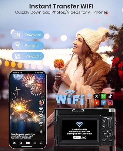 4K Digital Camera for Photography, WiFi Autofocus 64MP Vlogging Camera for YouTube, 180° 3" Flip Screen 30FPS Video Cameras with Flash Anti-Shake 16X Zoom 32GB Card, Compact Travel Digital Camera thumbnail 3