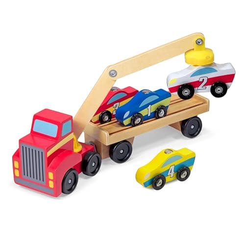 Melissa & Doug Magnetic Car Loader Wooden Toy Set with 4 Cars and 1 Semi-Trailer Truck Crane Wooden Toy, Vehicle Toys for Kids Ages 3+ - Image 1