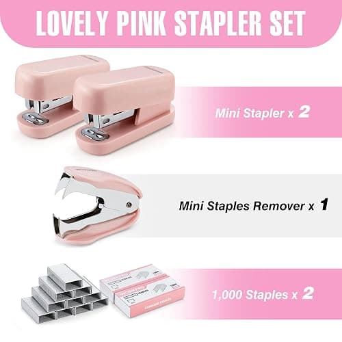 WORKPRO Mini Stapler with Staples, Two Pink Staplers, One Staple Remover | Small Stapler Set, 2000 Standard Staples - Cute Staplers for Desk with Non-Slip Base, Lock Design - Pink Ribbon thumbnail 3