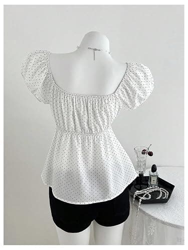 Verdusa Women's Cute Babydoll Tops Polka Dots Flowy Going Out Outfits | Peplum Tops For Teen Girls, Summer Flowy Tops, Gingham Tops, Bubble Sleeve, Y2K Outfits thumbnail 5